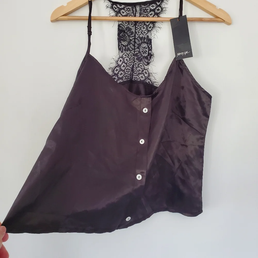 NWT NASTY GAL Sz M Black Silky Cami Top Spaghetti Straps Eyelash Lace T-Back Y2K - Picture 8 of 16